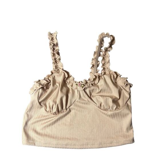 Womens Crop‎ Top M Tan Sleeveless Pullover Ruffles Stretch Party Night Out  NEW - Picture 1 of 7